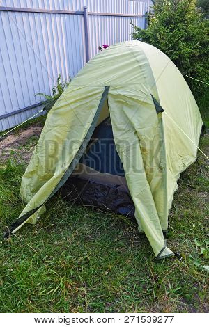 Greent Tourist Tents In Forest At Campsite