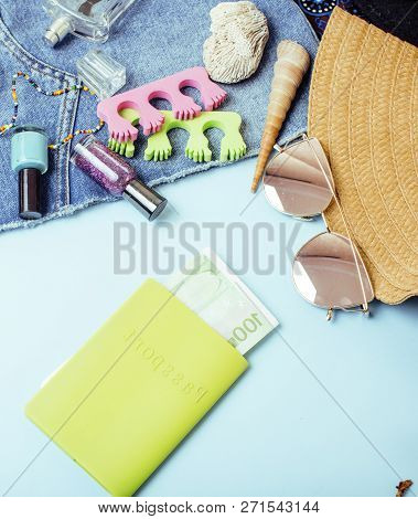 Diverse Travel Girlish Stuff On Colorful Background Blue And Yel