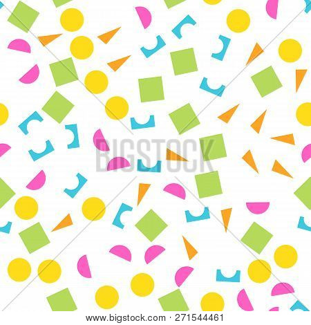 Colorful Seamless Pattern Of Building Kit Simple Geometric Shapes. Happy, Funny And Infantile Theme.