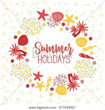 Ocean Wreath With Shell, Polyp, Seaweed, Starfish And Corals On White Background. Perfect For Holida