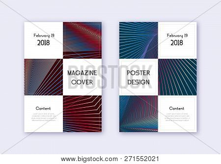 Business Cover Design Template Set. Red White Blue Abstract Lines On Dark Background. Beauteous Cove