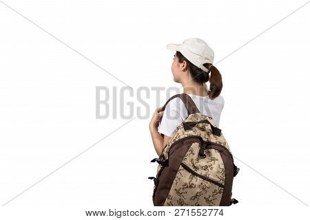Portrait Of Traveler Girl On Isolated White Background
