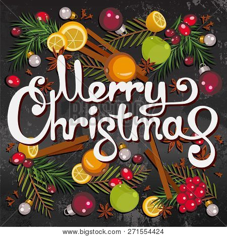 Merry Christmas Greeting Card With Colorful Fruits, Berries, Speces, Fir-tree Branches And Toys. Car