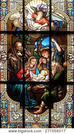 AALEN, GERMANY - JULY 12, 2018: Nativity Scene, stained glass window in the Saint Nicholas Evangelical church, Aalen, Germany