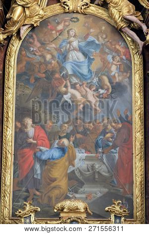 BRONNBACH, GERMANY - JULY 07, 2018: Assumption of Mary, main altar in Cistercian Abbey of Bronbach in Reicholzheim near Wertheim, Germany