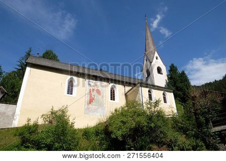 PETSCHIED, ITALY - JULY 14, 2018: Saint Nicholas church in Petschied near Luson, Italy