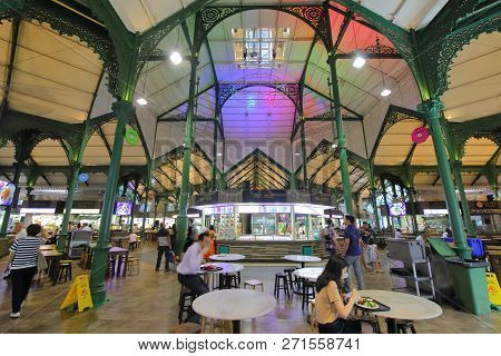 Singapore - November 15, 2018: Unidentified People Visit Telok Ayer Food Court Market Singapore