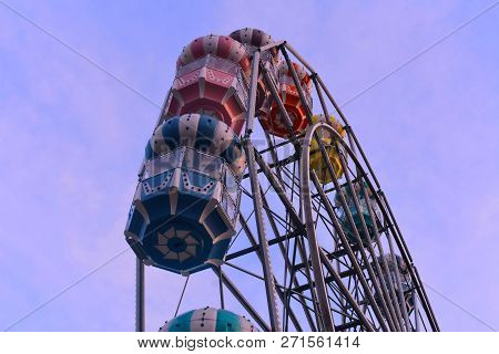 Orlando, Florida.  November 19, 2018 Colorful Ferris Wheel On Lightblue Sky Background At Old Town K