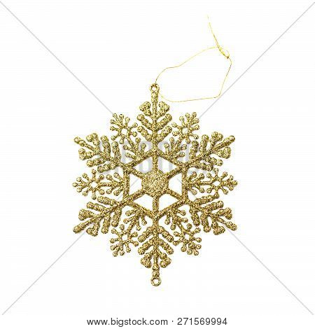 Close Up Christmas Decoration Golden Snowflake Isolated On White Background