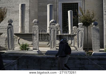 Istanbul, Turkey - October 29, 2017: Unique Ottoman Tombs And Gravestones Are At The Garden Of Suley