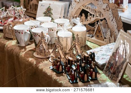 Christmas Decoration On A Desk At A Christmas Market. Merry Christmas, Wooden Decotration;