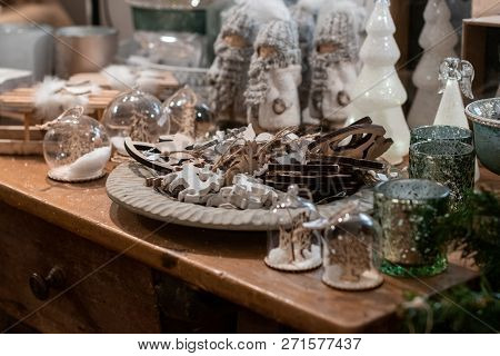 Christmas Decoration On A Desk At A Christmas Market. Merry Christmas, Wooden Decotration;