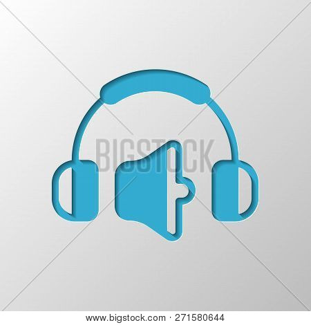 Headphones And Volume Level. Medium Volume Level. Simple Icon. Paper Design. Cutted Symbol With Shad
