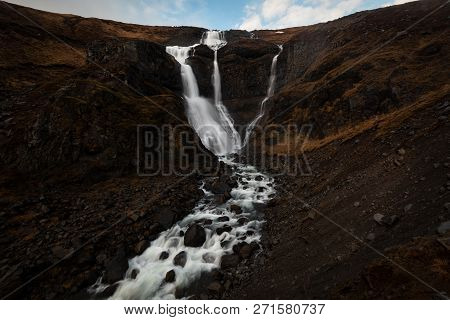 Rjukandafoss, Beautiful Waterfall In The North Part Of Iceland
