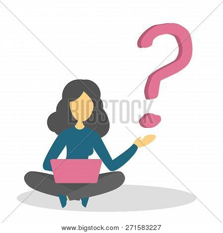 Woman Sitting In Doubt At The Big Question Mark. Problem And Search For Solution. Person In Confusio