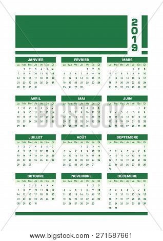 Green 2019 French Calendar. Vector Illustration With Blank Space For Your Contents. All Elements Sor