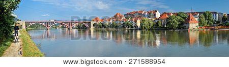 Maribor, Slovenia - May 20, 2018: Panorama Of Maribor City, Slovenia. Drava River, Old Buildings And