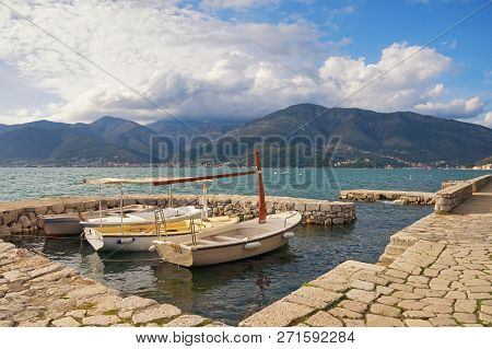 Beautiful Mediterranean Landscape With Fishing Boats In Small Harbor. Montenegro, Adriatic Sea, Bay 