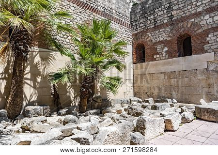 Ancient Stone Buildings On The Streets Of Split In Croatia.