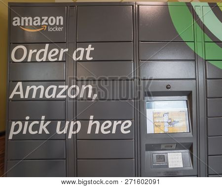 Close-up Of Amazon Locker Self-service Parcel Delivery, Pickup At Whole Foods Store