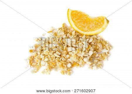 Freeze Dried And Fresh Orange On A White Background. Isolated. Lyophilization. Food For Astronauts