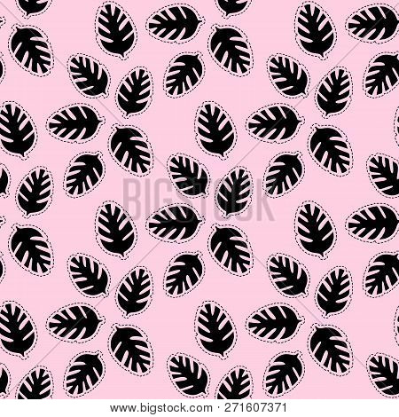 Silhouette Black Tropical Leaf Sticker Minimal Seamless Pattern. Vector Illustration Isolated On A P