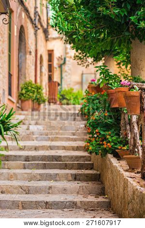 Beautiful Street At The Mediterranean Village Of Valldemossa On Majorca Spain