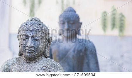 Buddha Statue Sculpture, Buddhism Culture Background With Two Buddha Statue Sculpture