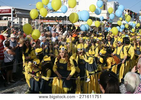 Paphos, Cyprus, March 12th, 2016: Traditional Carnival Parade, A Group Of People In Bright Costumes 