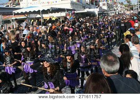 Paphos, Cyprus, March 12th, 2016: Traditional Carnival Parade, The Teenage Girls In Bright Costumes 