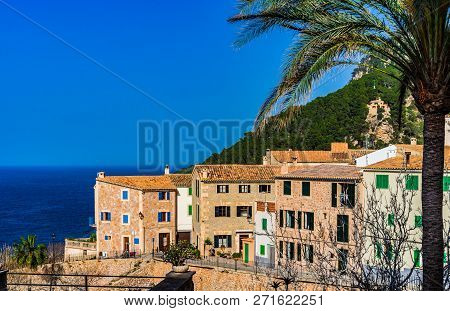 View Of Banyalbufar Village At The Coastline On Majorca Island, Spain Mediterranean Sea