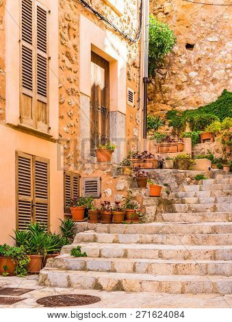 Traditional House At The Old Village Of Banyalbufar On Maorca, Spain Balearic Islands