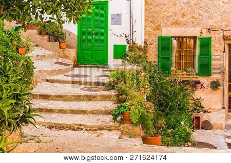 Streets In Banyalbufar, Typical Village On Majorca, Spain Mediterranean Sea