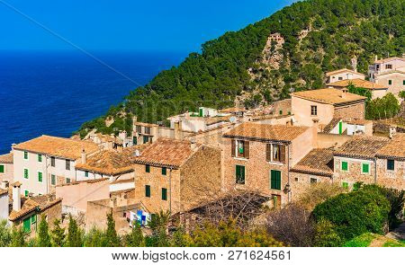 View Of The Old Village Of Banyalbufar At The Coastline On Majorca, Spain Balearic Islands