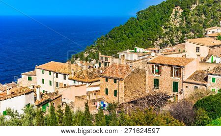 Coastline On Majorca Island With View Of The Mediterranean Old Village Of Banyalbufar, Spain