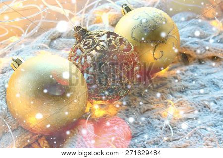 Beautiful Christmas Card, New Year. Golden Christmas Background. The Golden Decoration Christmas Bal