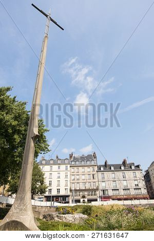 Rouen, France - August 19, 2018: The Stella-cross On The Location Of The Burning Of Jeanne Darc In T