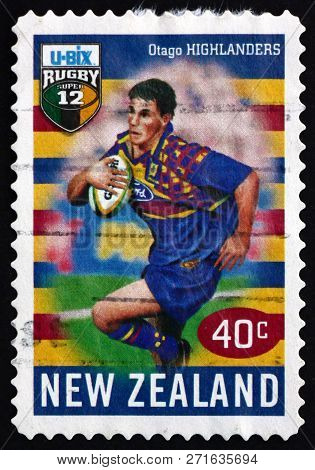 New Zealand - Circa 1999: A Stamp Printed In New Zealand Shows Running With Ball, Otago Highlanders,