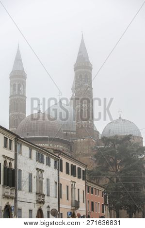 The Basilica Di Sant'antonio In Padova, Italy. Heavy Fog In The City Of Padova. Padua. Side View Of 
