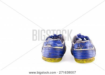 Old Vintage Damaged Futsal Sports Shoes On White Background Football Sportware Object Isolated