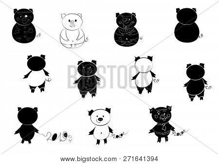 Nice Cute Hand Drawing Piglets Set. Symbol 2019 Year.
