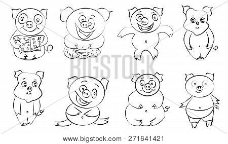 Cute Funny Happy Cartoon Style Pigs Set.