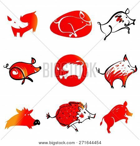 Set Vector Illustration Isolated Silhouette Hog, Pork. Template