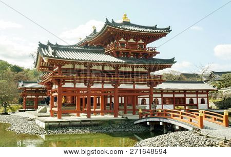 Uji, Kyoto Prefecture, Japan, February 18 2018 : Side View Of Byodoin Japanese Buddhist Temple Hall 