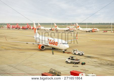 Bangkok, Thailand 11 February 2018 : Closeup Of Aircraft Pushbacks Tractor Dragging The Plane Of Tha