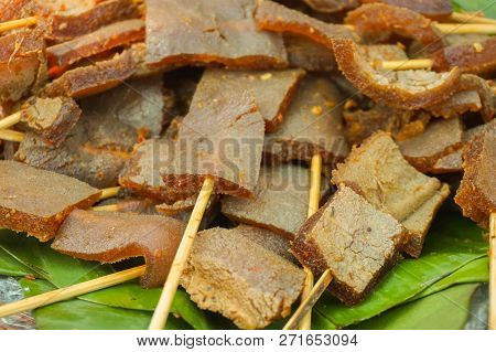 Skin Sate Satay Closed Up Traditional Food Served In Banana Leaf From Indonesia