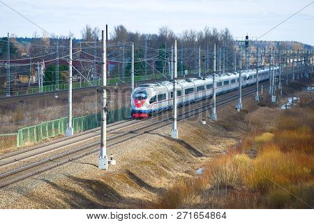 Leningrad Region, Russia - April 10, 2018: Modern High-speed Express Train Evs1-13 