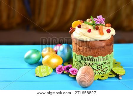 Easter. Easter Bread With Eggs And Decor On A Wooden Table. Easter Cake.