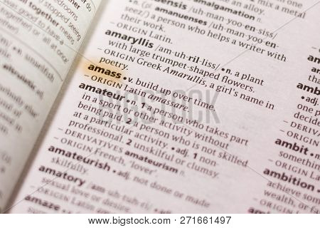 The Word Or Phrase Amass In A Dictionary Highlighted With Marker.