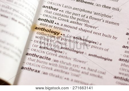 The Word Or Phrase Anthology In A Dictionary Highlighted With Marker.